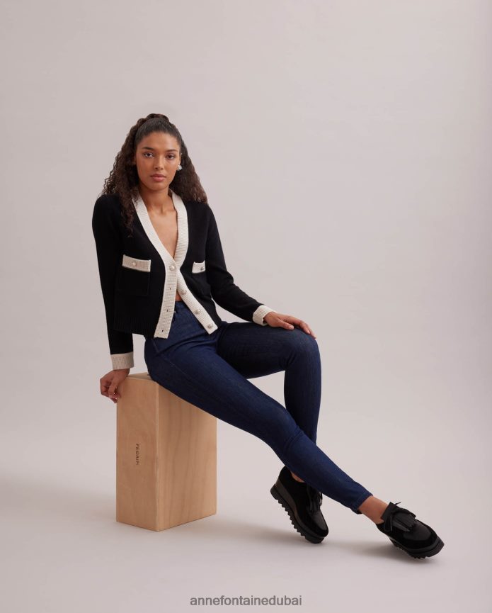 ملابس عبد اللطيف Anne Fontaine نحيف سترة صوفية قصيرة بأكمام طويلة من مزيج الصوف أسود T622DL481