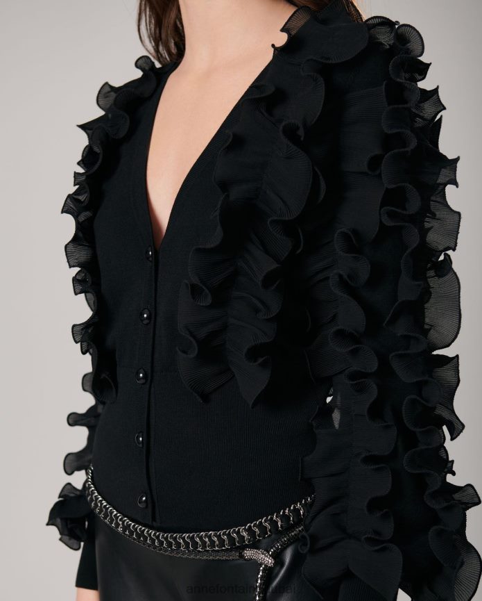 ملابس عبد اللطيف Anne Fontaine نحيف سترة سيلين سترة طويلة الأكمام كشكش أسود T622DL482