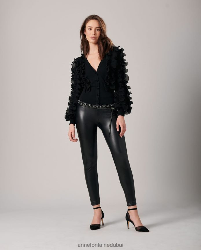 ملابس عبد اللطيف Anne Fontaine نحيف سترة سيلين سترة طويلة الأكمام كشكش أسود T622DL482