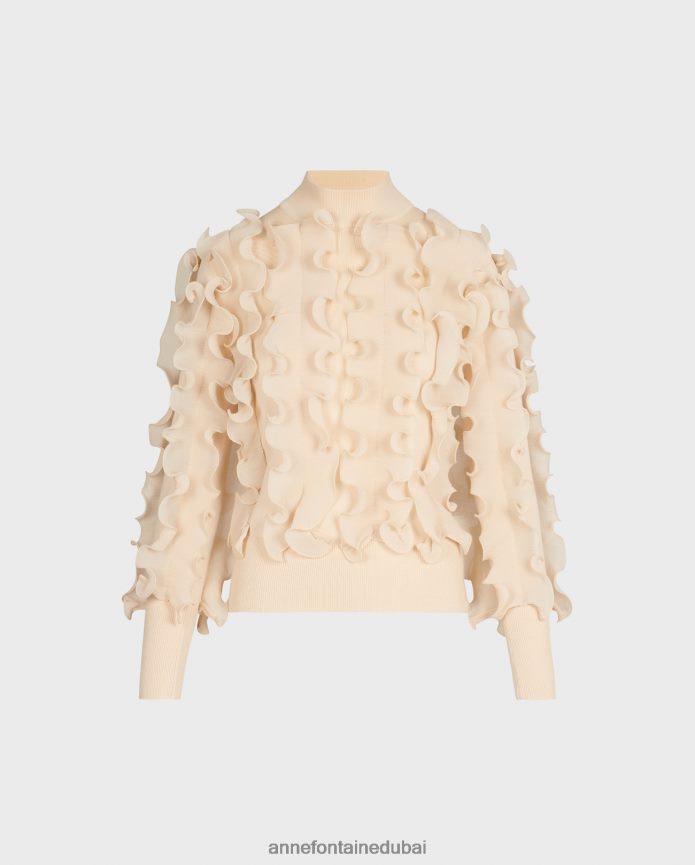 ملابس عبد اللطيف Anne Fontaine نحيف سترة سيدالين سترة طويلة الأكمام مع الكشكشة مطوي بني/رمل T622DL485