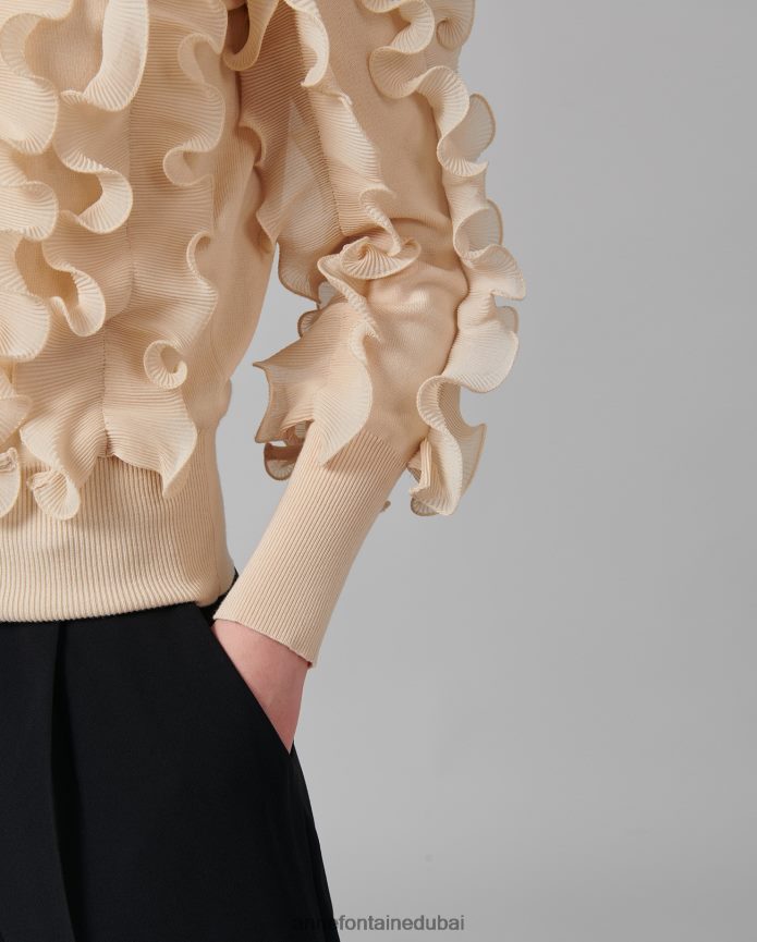 ملابس عبد اللطيف Anne Fontaine نحيف سترة سيدالين سترة طويلة الأكمام مع الكشكشة مطوي بني/رمل T622DL485