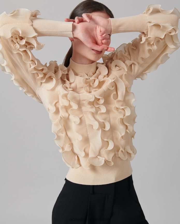 ملابس عبد اللطيف Anne Fontaine نحيف سترة سيدالين سترة طويلة الأكمام مع الكشكشة مطوي بني/رمل T622DL485