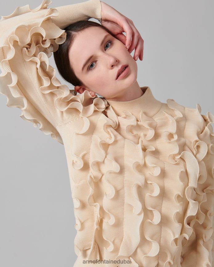 ملابس عبد اللطيف Anne Fontaine نحيف سترة سيدالين سترة طويلة الأكمام مع الكشكشة مطوي بني/رمل T622DL485