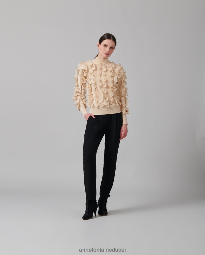 ملابس عبد اللطيف Anne Fontaine نحيف سترة سيدالين سترة طويلة الأكمام مع الكشكشة مطوي بني/رمل T622DL485