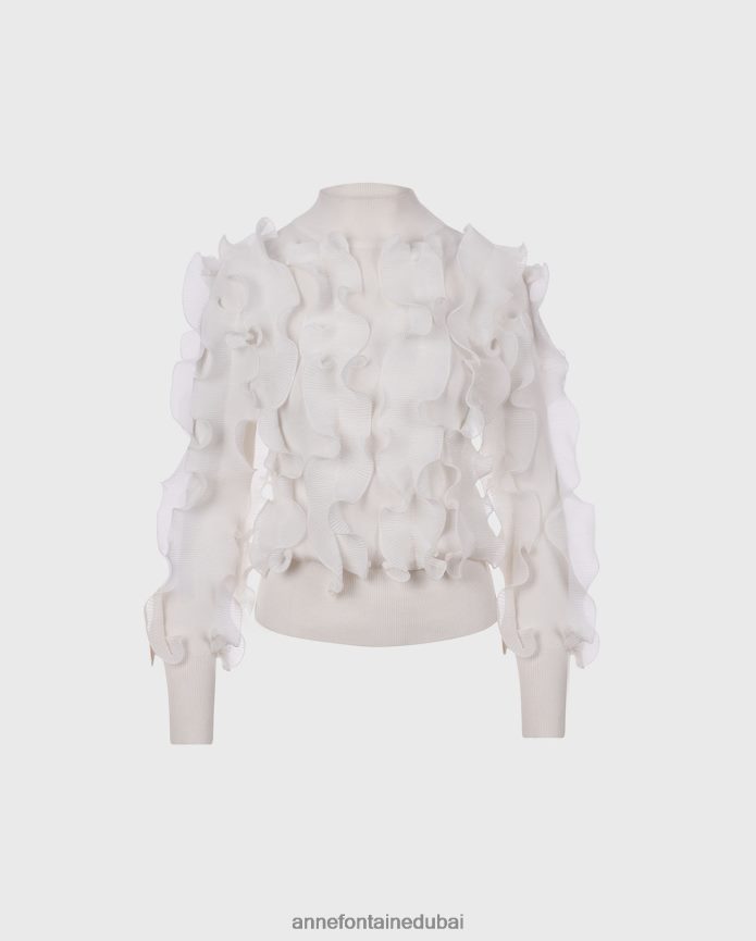 ملابس عبد اللطيف Anne Fontaine نحيف سترة سيدالين متماسكة ذات ثنيات وكشكشة مع رقبة وهمية أبيض T622DL487