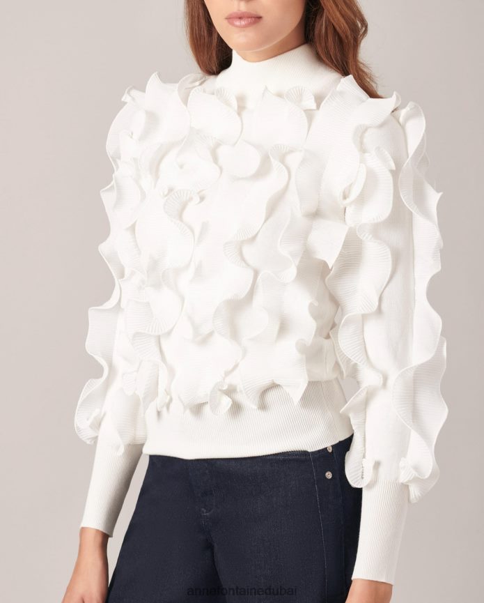 ملابس عبد اللطيف Anne Fontaine نحيف سترة سيدالين متماسكة ذات ثنيات وكشكشة مع رقبة وهمية أبيض T622DL487