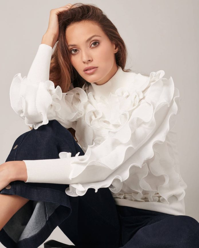 ملابس عبد اللطيف Anne Fontaine نحيف سترة سيدالين متماسكة ذات ثنيات وكشكشة مع رقبة وهمية أبيض T622DL487