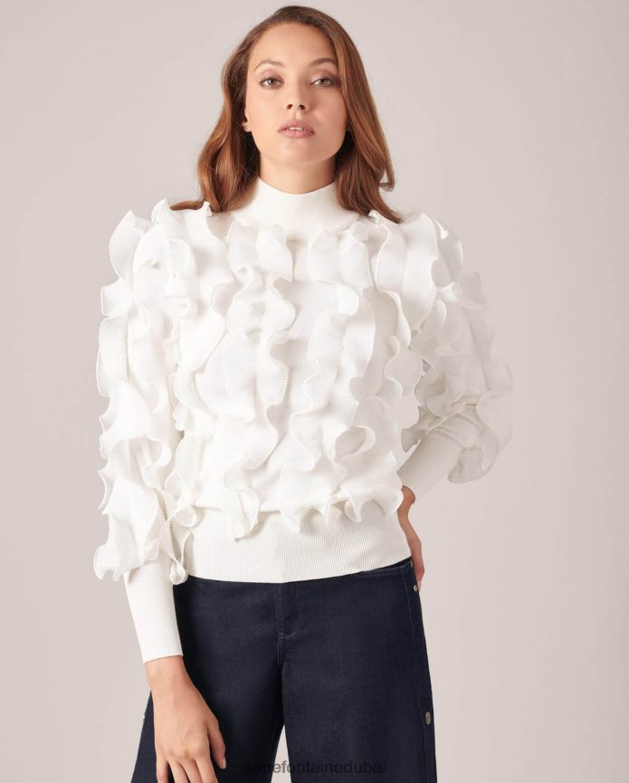 ملابس عبد اللطيف Anne Fontaine نحيف سترة سيدالين متماسكة ذات ثنيات وكشكشة مع رقبة وهمية أبيض T622DL487