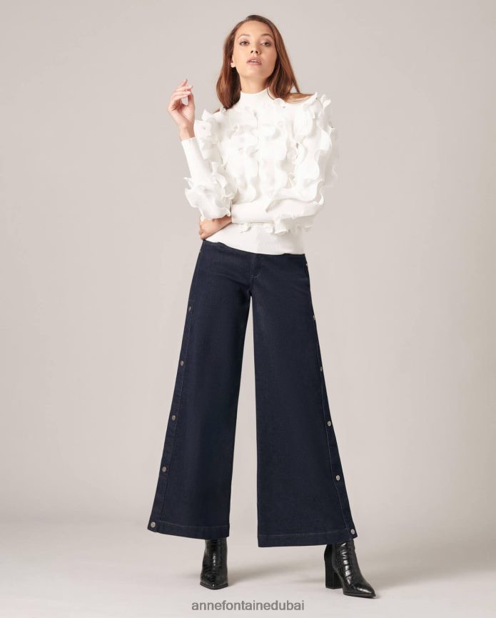 ملابس عبد اللطيف Anne Fontaine نحيف سترة سيدالين متماسكة ذات ثنيات وكشكشة مع رقبة وهمية أبيض T622DL487