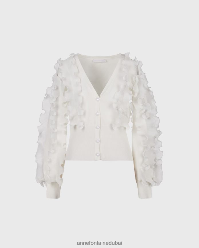 ملابس عبد اللطيف Anne Fontaine نحيف سترة سيلين كارديجان طويلة الأكمام مغطاة بالكشكشة أبيض T622DL488