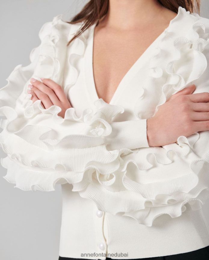 ملابس عبد اللطيف Anne Fontaine نحيف سترة سيلين كارديجان طويلة الأكمام مغطاة بالكشكشة أبيض T622DL488