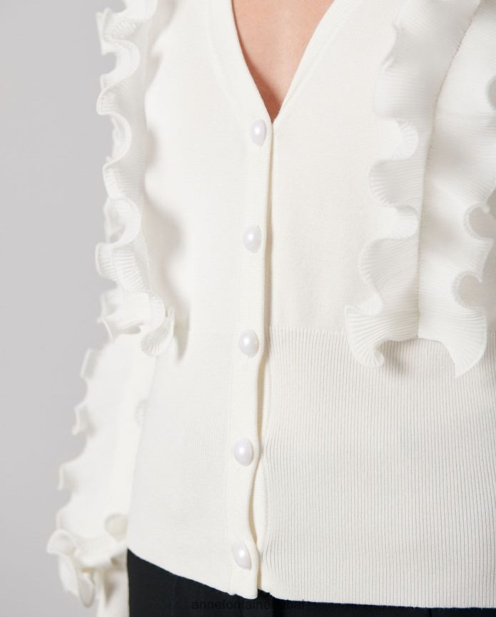 ملابس عبد اللطيف Anne Fontaine نحيف سترة سيلين كارديجان طويلة الأكمام مغطاة بالكشكشة أبيض T622DL488