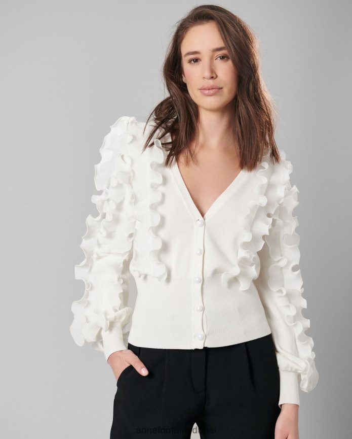 ملابس عبد اللطيف Anne Fontaine نحيف سترة سيلين كارديجان طويلة الأكمام مغطاة بالكشكشة أبيض T622DL488