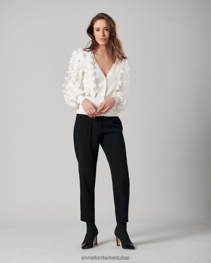 ملابس عبد اللطيف Anne Fontaine نحيف سترة سيلين كارديجان طويلة الأكمام مغطاة بالكشكشة أبيض T622DL488