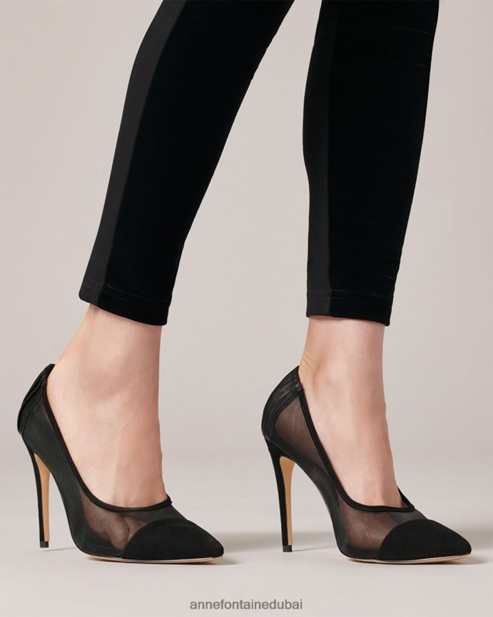 أحذية عبد اللطيف Anne Fontaine نحيف مضخة كعب جيزيلا مع جسم شبكي وزهرة قابلة للإزالة أسود T622DL48