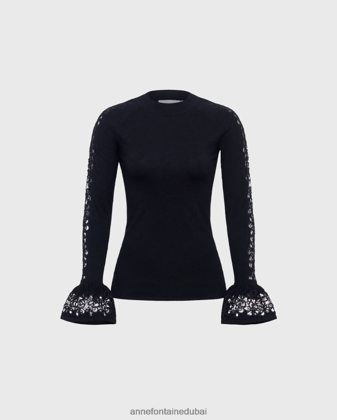 ملابس عبد اللطيف Anne Fontaine نحيف سترة صوفي سترة متماسكة طويلة الأكمام مع الأصفاد الكشكشة أسود T622DL490