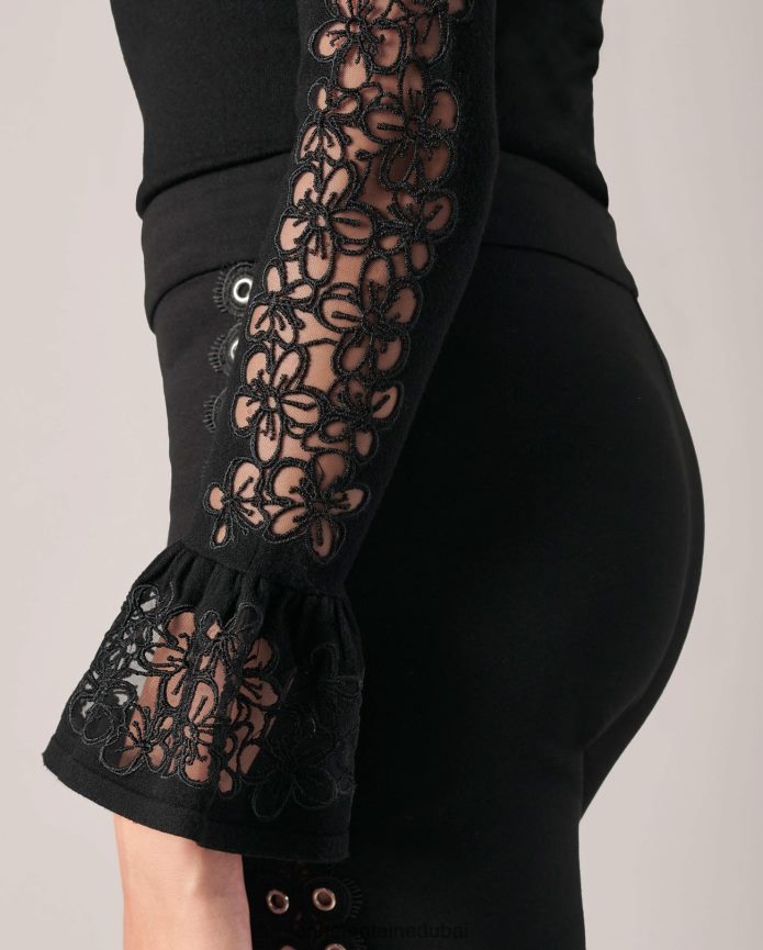 ملابس عبد اللطيف Anne Fontaine نحيف سترة صوفي سترة متماسكة طويلة الأكمام مع الأصفاد الكشكشة أسود T622DL490