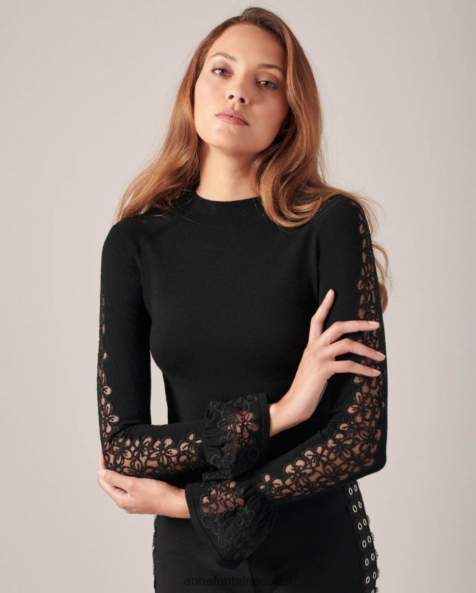 ملابس عبد اللطيف Anne Fontaine نحيف سترة صوفي سترة متماسكة طويلة الأكمام مع الأصفاد الكشكشة أسود T622DL490