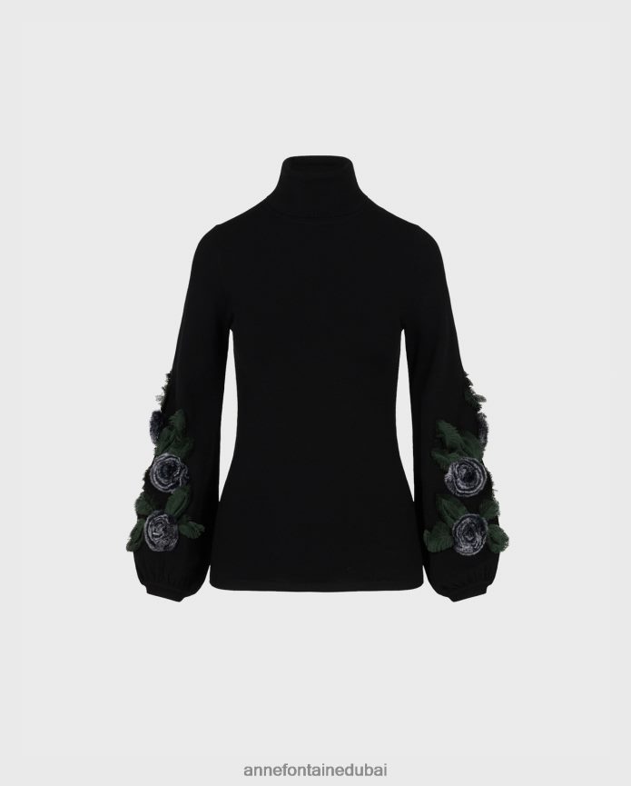 ملابس عبد اللطيف Anne Fontaine نحيف سترة إيقاعية بأكمام طويلة وياقة مدورة مع زخارف نباتية أسود/أبيض T622DL491