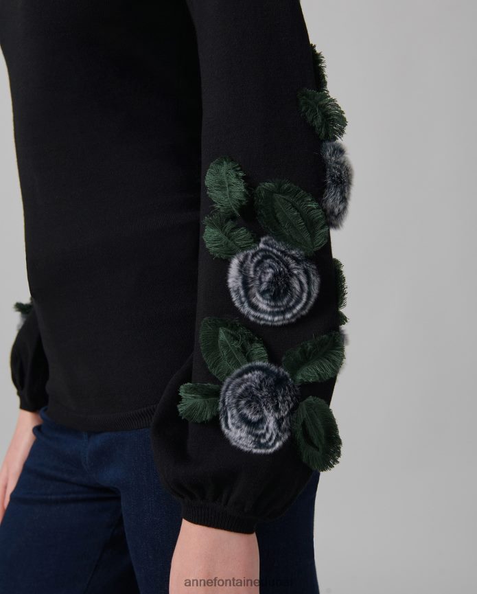 ملابس عبد اللطيف Anne Fontaine نحيف سترة إيقاعية بأكمام طويلة وياقة مدورة مع زخارف نباتية أسود/أبيض T622DL491