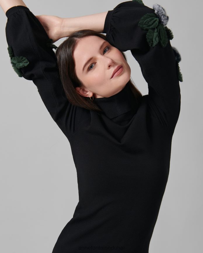 ملابس عبد اللطيف Anne Fontaine نحيف سترة إيقاعية بأكمام طويلة وياقة مدورة مع زخارف نباتية أسود/أبيض T622DL491