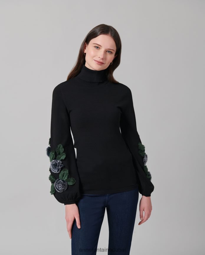 ملابس عبد اللطيف Anne Fontaine نحيف سترة إيقاعية بأكمام طويلة وياقة مدورة مع زخارف نباتية أسود/أبيض T622DL491