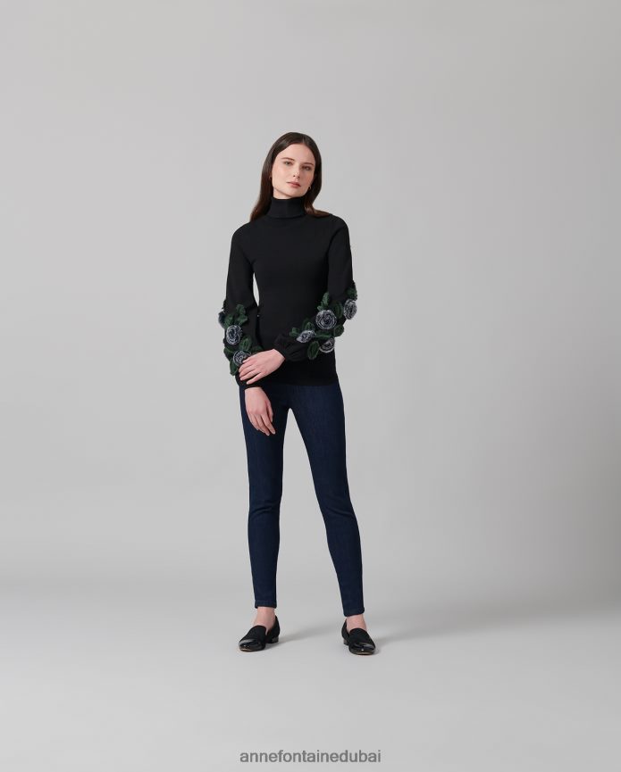 ملابس عبد اللطيف Anne Fontaine نحيف سترة إيقاعية بأكمام طويلة وياقة مدورة مع زخارف نباتية أسود/أبيض T622DL491