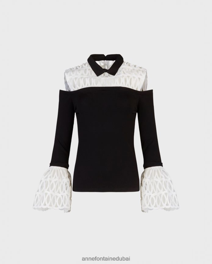 ملابس عبد اللطيف Anne Fontaine نحيف بلوزة فيليسيتا مع نير وأساور أكمام قابلة للإزالة أسود/أبيض T622DL493