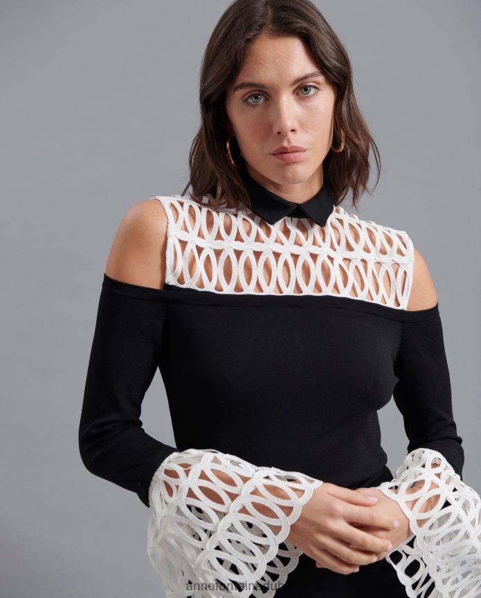 ملابس عبد اللطيف Anne Fontaine نحيف بلوزة فيليسيتا مع نير وأساور أكمام قابلة للإزالة أسود/أبيض T622DL493