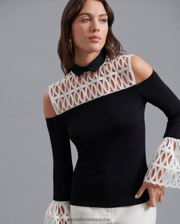 ملابس عبد اللطيف Anne Fontaine نحيف بلوزة فيليسيتا مع نير وأساور أكمام قابلة للإزالة أسود/أبيض T622DL493