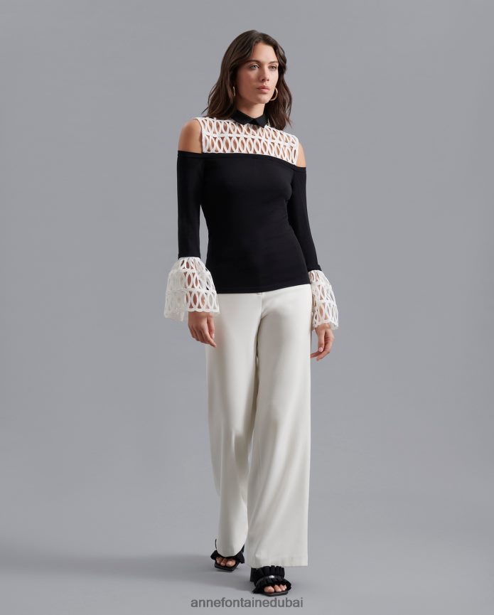 ملابس عبد اللطيف Anne Fontaine نحيف بلوزة فيليسيتا مع نير وأساور أكمام قابلة للإزالة أسود/أبيض T622DL493