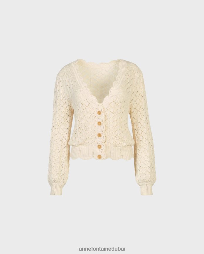 ملابس عبد اللطيف Anne Fontaine نحيف كارديجان زيتوني كريمي من الكروشيه مع حواف صدفية اللون البيج T622DL498