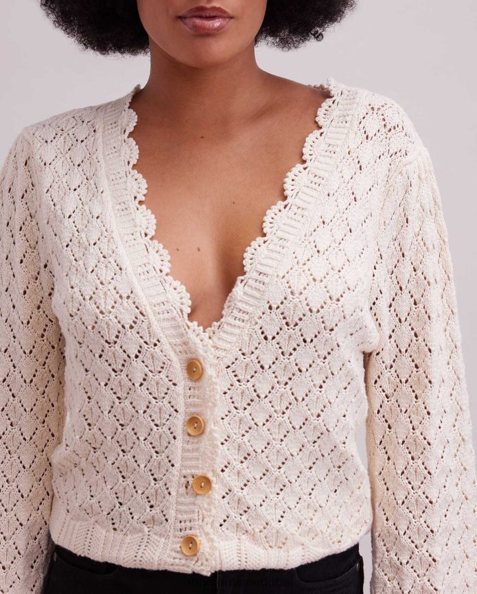 ملابس عبد اللطيف Anne Fontaine نحيف كارديجان زيتوني كريمي من الكروشيه مع حواف صدفية اللون البيج T622DL498