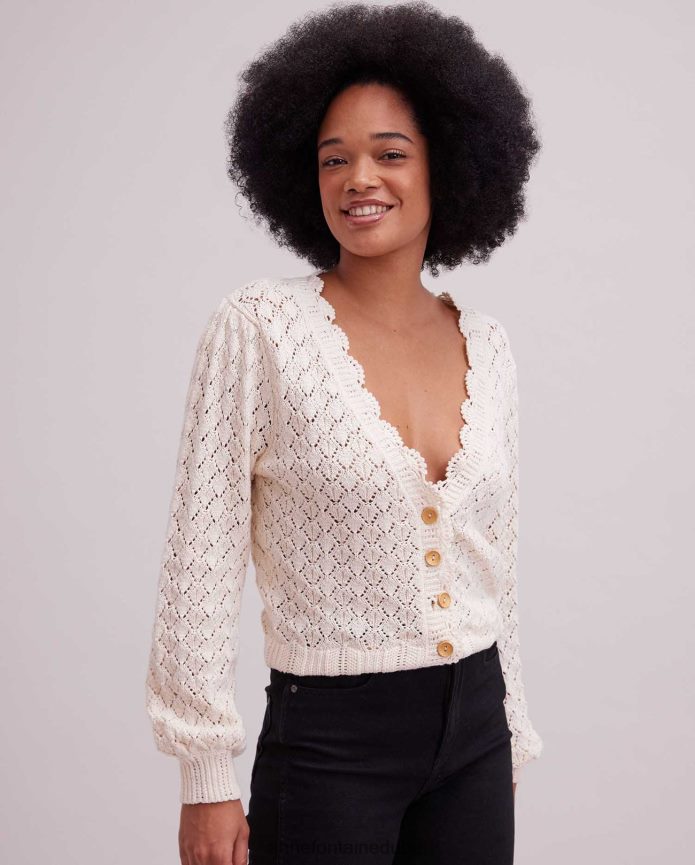 ملابس عبد اللطيف Anne Fontaine نحيف كارديجان زيتوني كريمي من الكروشيه مع حواف صدفية اللون البيج T622DL498