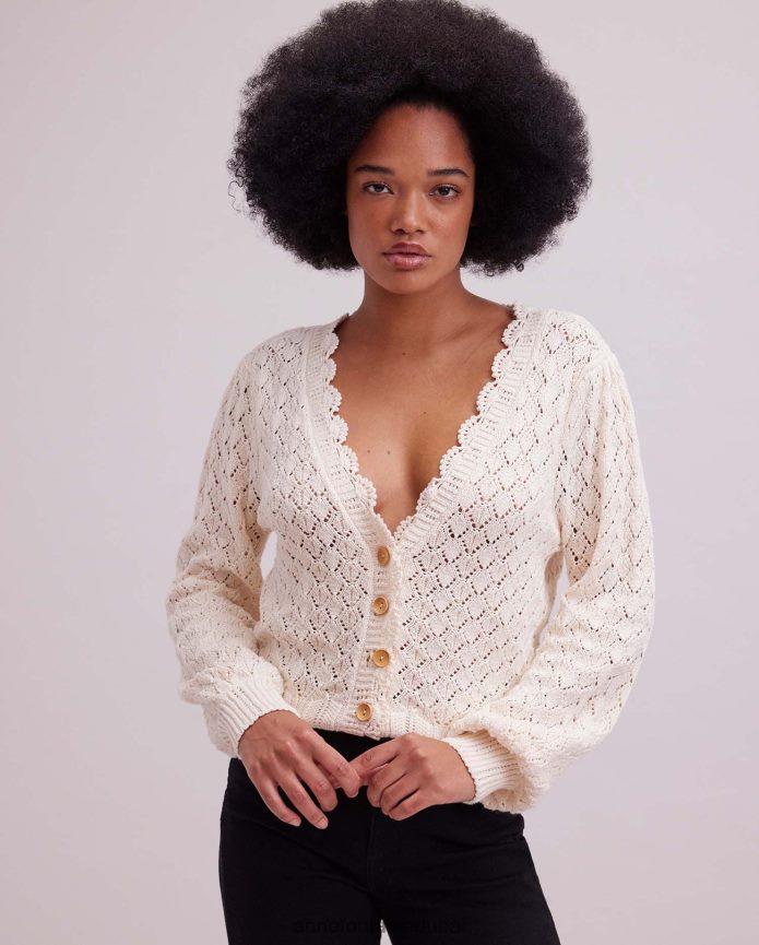 ملابس عبد اللطيف Anne Fontaine نحيف كارديجان زيتوني كريمي من الكروشيه مع حواف صدفية اللون البيج T622DL498