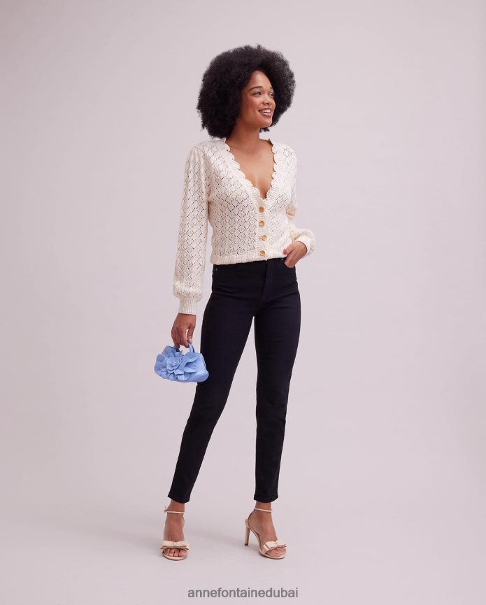 ملابس عبد اللطيف Anne Fontaine نحيف كارديجان زيتوني كريمي من الكروشيه مع حواف صدفية اللون البيج T622DL498