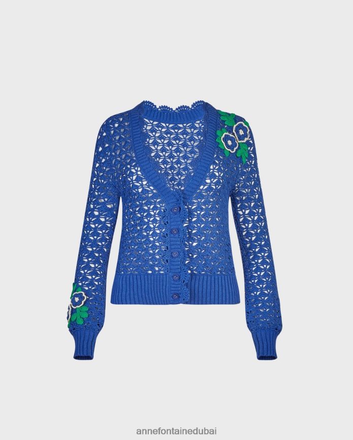 ملابس عبد اللطيف Anne Fontaine نحيف سترة عباد الشمس سترة كروشيه مع تفاصيل زهرة محبوكة أزرق T622DL499