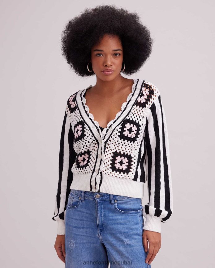 ملابس عبد اللطيف Anne Fontaine نحيف سترة مكعبة وسترة كروشيه متماسكة بنمط هندسي أسود/أبيض T622DL500