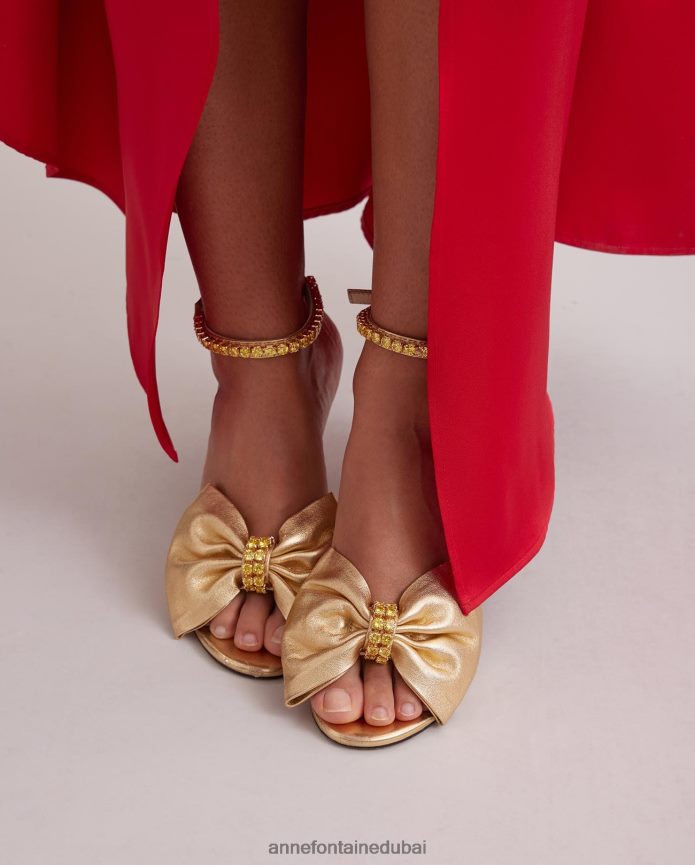 أحذية عبد اللطيف Anne Fontaine نحيف كعب أنيق مفتوح عند أصابع القدم مع قوس كريستالي وحزام للكاحل ذهب T622DL50