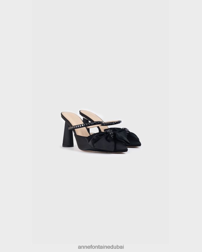 أحذية عبد اللطيف Anne Fontaine نحيف كعب ريفيو وكعب مفتوح من الخلف مع تفاصيل فيونكة وكريستال أسود T622DL51