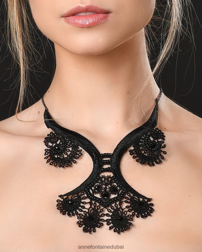 مُكَمِّلات عبد اللطيف Anne Fontaine نحيف حتى طوق الكروشيه الدانتيل قلادة مع الخرز أسود T622DL511