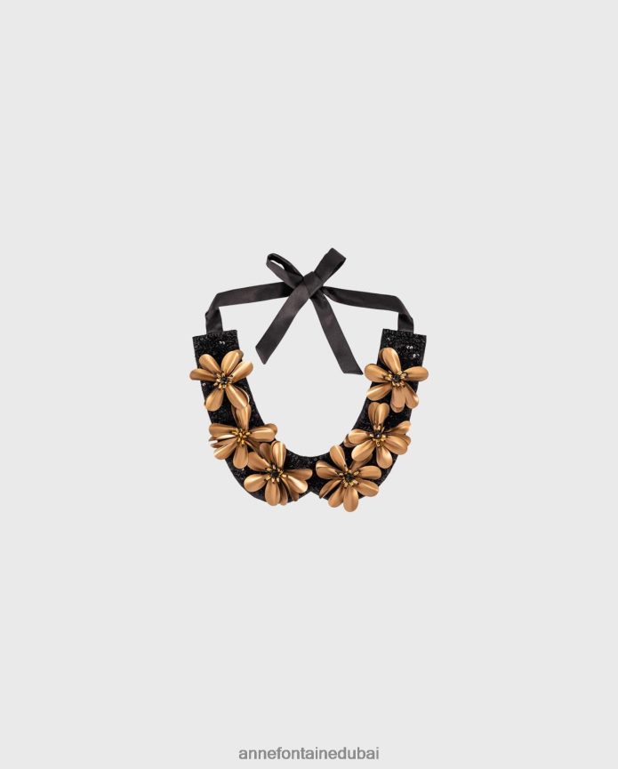 مُكَمِّلات عبد اللطيف Anne Fontaine نحيف طوق من القماش بياقة نيكول مع الزهور والترتر الذهب الأسود T622DL517