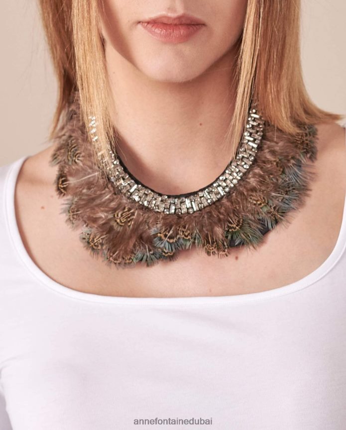مُكَمِّلات عبد اللطيف Anne Fontaine نحيف طوق من القماش بياقة نيسنا مع ريش وأحجار طاووس صناعي أنيق T622DL518