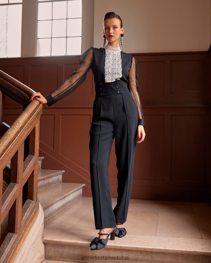 أحذية عبد اللطيف Anne Fontaine نحيف كعب ريفيو وكعب مفتوح من الخلف مع تفاصيل فيونكة وكريستال أسود T622DL51