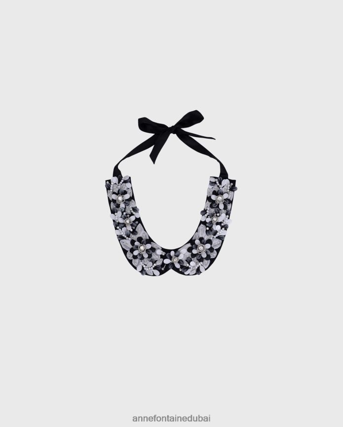 مُكَمِّلات عبد اللطيف Anne Fontaine نحيف طوق ويرونيكا من الساتان مع زخارف نباتية أسود/أبيض T622DL521