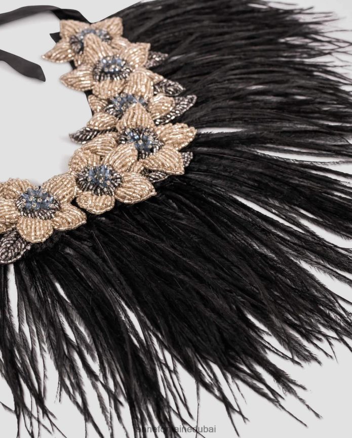 مُكَمِّلات عبد اللطيف Anne Fontaine نحيف طوق نوليتان طوق الأزهار مع ريش النعام أسود T622DL526