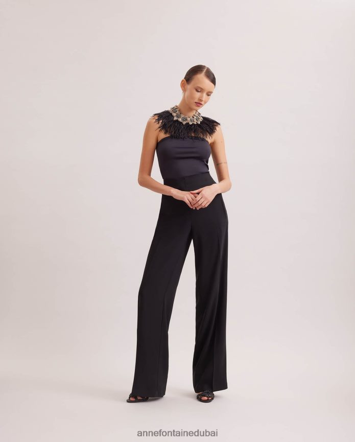 مُكَمِّلات عبد اللطيف Anne Fontaine نحيف طوق نوليتان طوق الأزهار مع ريش النعام أسود T622DL526