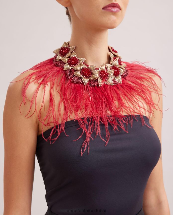 مُكَمِّلات عبد اللطيف Anne Fontaine نحيف طوق نوليتان طوق الأزهار مع ريش النعام أسود T622DL527