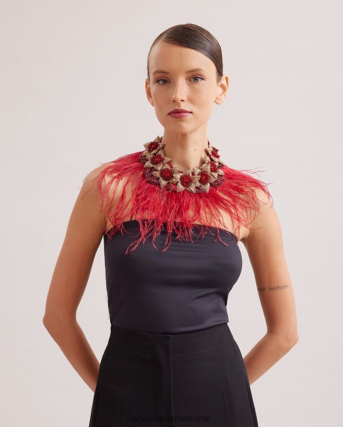 مُكَمِّلات عبد اللطيف Anne Fontaine نحيف طوق نوليتان طوق الأزهار مع ريش النعام أسود T622DL527