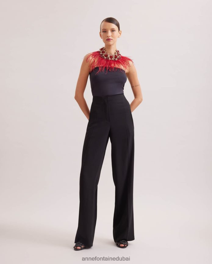 مُكَمِّلات عبد اللطيف Anne Fontaine نحيف طوق نوليتان طوق الأزهار مع ريش النعام أسود T622DL527